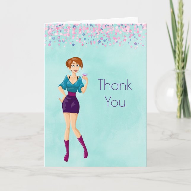 Cartoon Party Girl with Pink Confetti Thank You Card (Front)