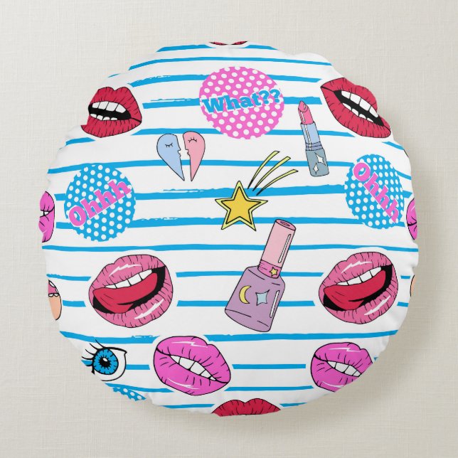 Cartoon patch badges: pop art. round pillow (Front)