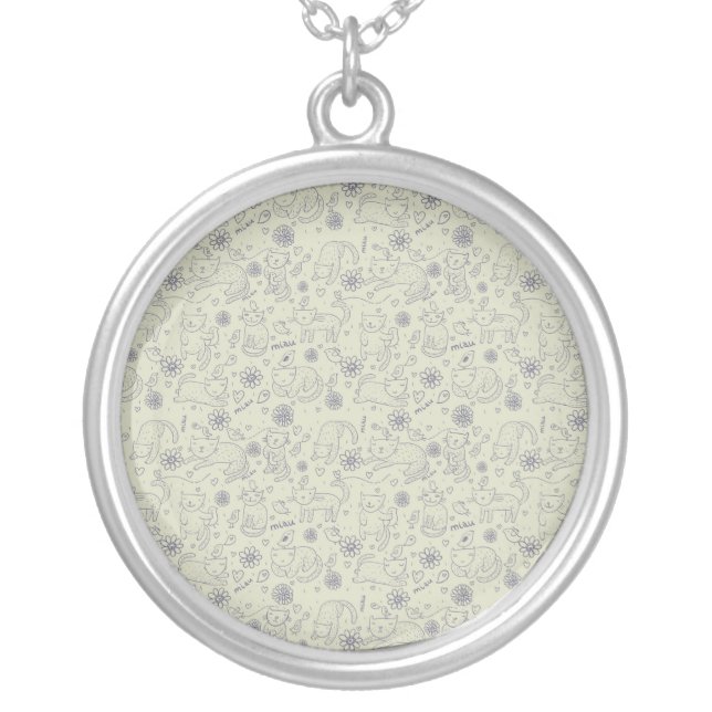 Cartoon pattern with funny cats silver plated necklace (Front)