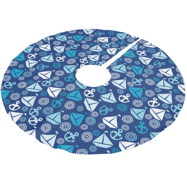 Cartoon Pattern With Sailboats Brushed Polyester Tree Skirt (Angled)