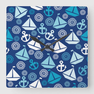 Cartoon Pattern With Sailboats Square Wall Clock