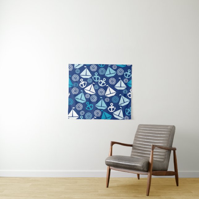 Cartoon Pattern With Sailboats Tapestry (In Situ (Horizontal))