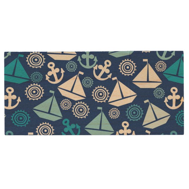 Cartoon Pattern With Sailboats Wood Flash Drive (Front)