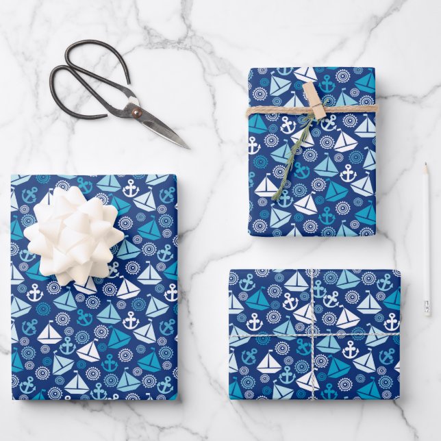 Cartoon Pattern With Sailboats Wrapping Paper Sheets (Front)