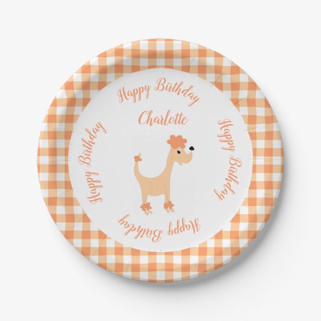 Cartoon peach poodle Posh Paws gingham birthday Paper Plates (Front)