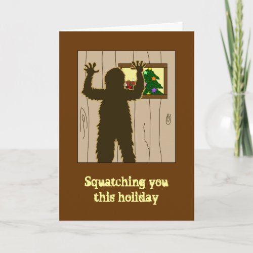 Cartoon Peeking in Windows Sasquatch Christmas Car Holiday Card