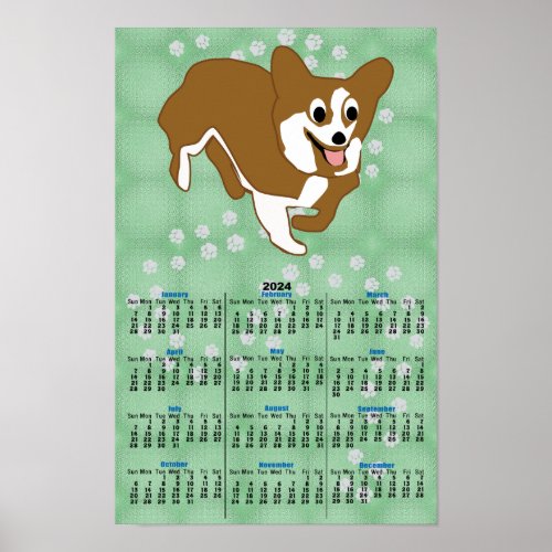 Cartoon Pembroke Welsh Corgi 2024 Calendar Poster