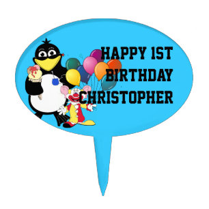 Cartoon penguin and clown cake topper