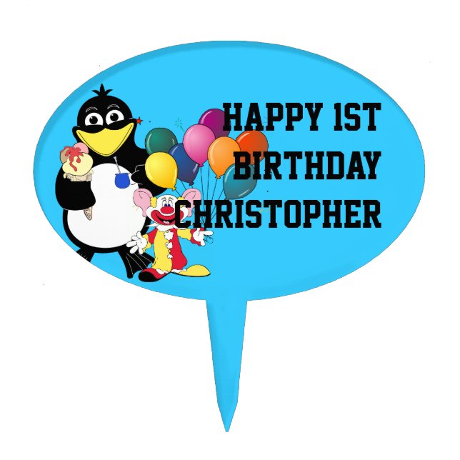 Cartoon penguin and clown cake topper (Front)