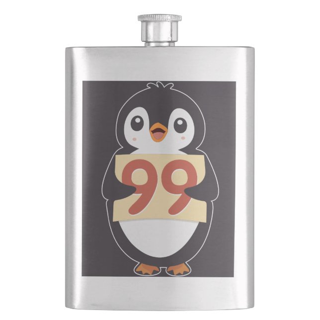 Cartoon Penguin Holding Number 99 Flask (Front)