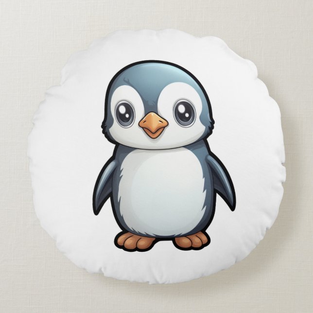Cartoon penguin illustration round pillow (Front)