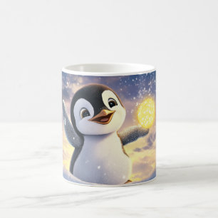 cartoon penguin in a snowy landscape, holding a br coffee mug