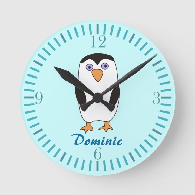 Cartoon Penguin Kids Name Aquamarine  Wall Clocks (Front)