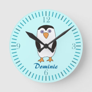 Cartoon Penguin Kids Name Aquamarine  Wall Clocks