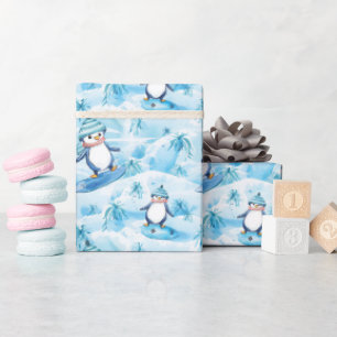 Cartoon Penguin Surfing Wrapping Paper