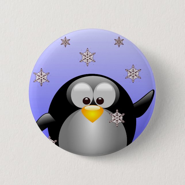 Cartoon Penguin with Snowflakes Pinback Button (Front)