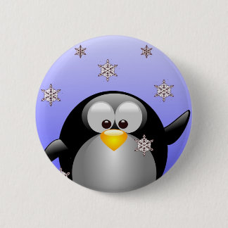 Cartoon Penguin with Snowflakes Pinback Button