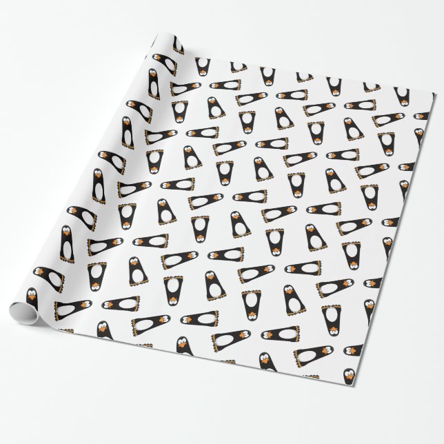 Cartoon Pensive Penguin on White Repeat Pattern Wrapping Paper (Unrolled)