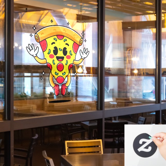 Cartoon Pepperoni Pizza Slice Customer Attractor Window Cling (Restaurant Window)
