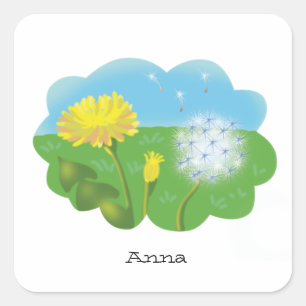 cartoon personalized dandelion in the meadow in s square sticker