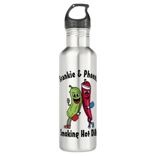 Cartoon Pickle and Pepper Pickleball Team Hot Dill Stainless Steel Water Bottle