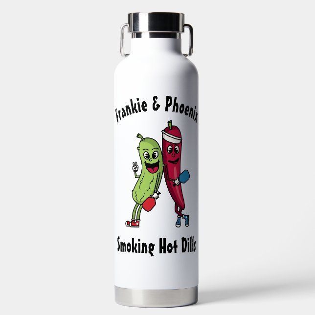 Cartoon Pickle and Pepper Pickleball Team Hot Dill Water Bottle (Front)