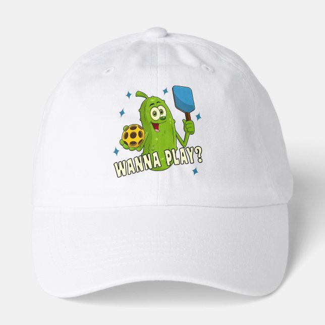 Cartoon Pickle Wanna Play Pickleball Hat (Front)