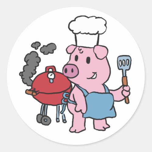 Cartoon pig making bbq  choose background color classic round sticker