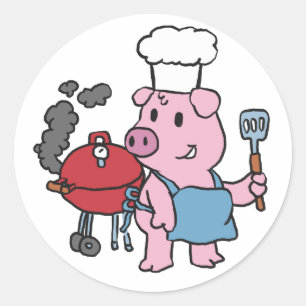 Cartoon pig making bbq choose background color classic round sticker