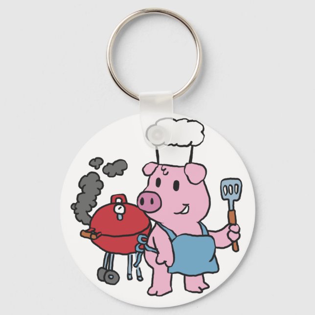 Cartoon pig making bbq | choose background color keychain (Front)