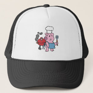 Cartoon pig making bbq choose background color trucker hat