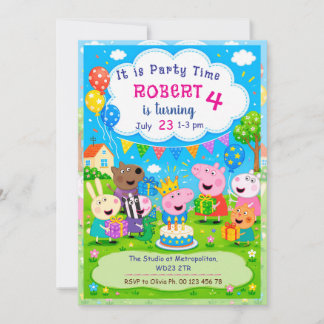 Cartoon Pig Theme invitaion. Kids party. Invitation
