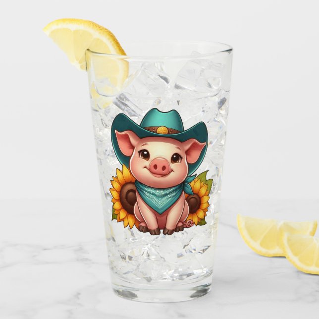 Cartoon Pig Wearing Cowboy Hat and Bandana Glass (Front Ice)