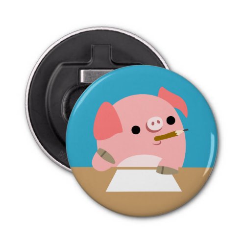 Cartoon Pig Writers Block Button Bottle Opener