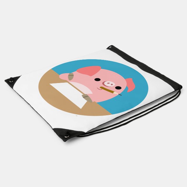 Cartoon Pig "Writer's Block" Drawstring Backpack (Side)