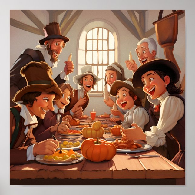 Cartoon Pilgrims around the Thanksgiving Table Poster (Front)
