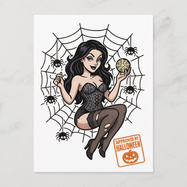 Cartoon Pin-Up Spider – Halloween Approved Postcard (Front)