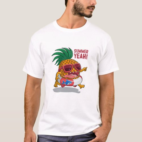 Cartoon pineapple with inflatable ring Hand drawn T_Shirt