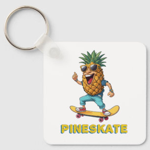 Cartoon Pineapple with Sunglasses on a Skateboard Keychain
