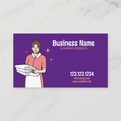 Cartoon Pink and Purple Maid House Cleaning Business Card