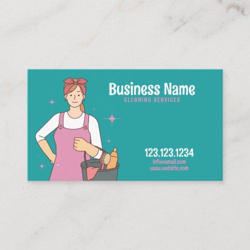 Cartoon Pink and Teal Maid Home Cleaning Business Card