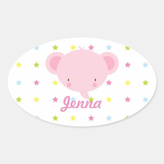 Cartoon Pink Baby Elephant Oval Sticker (Front)