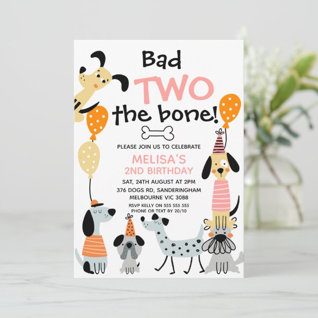 Cartoon Pink Bad Two The Bone Dogs 2nd Birthday  Invitation (Standing Front)