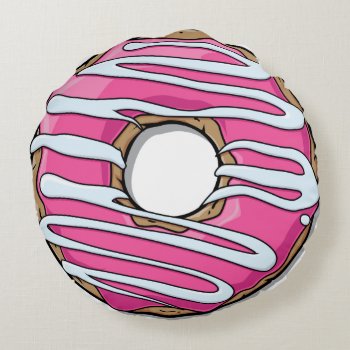 Cartoon Pink Donut With Icing Round Pillow by GroovyFinds at Zazzle