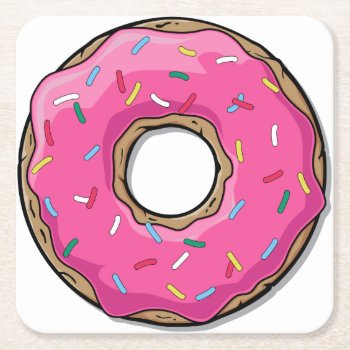Cartoon Pink Donut With Sprinkles Square Paper Coaster by GroovyFinds at Zazzle