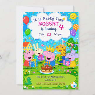 Cartoon Pink Pig Theme invitaion. Kids party. Invitation