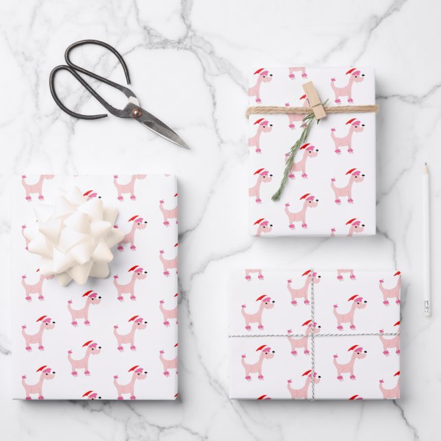 Cartoon pink poodle Posh Paws Christmas Wrapping Paper Sheets (Front)