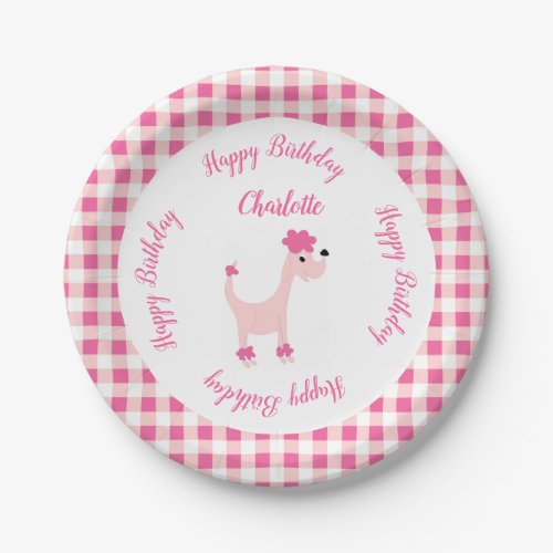 Cartoon pink poodle Posh Paws gingham birthday Paper Plates