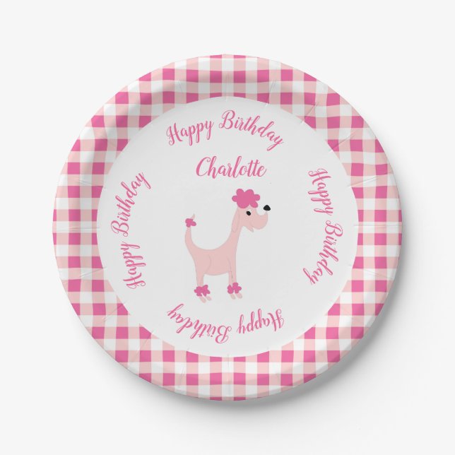 Cartoon pink poodle Posh Paws gingham birthday Paper Plates (Front)