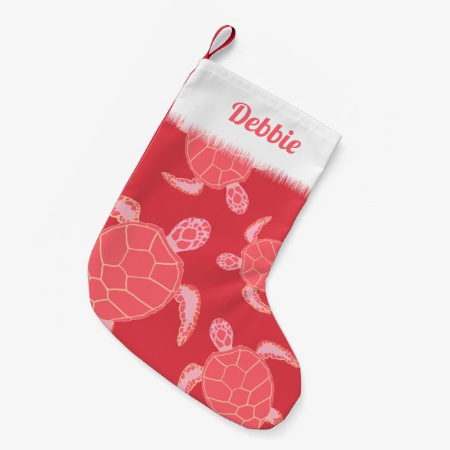 Cartoon Pink Sea Turtle Personalized Small Christmas Stocking (Front (Hanging))